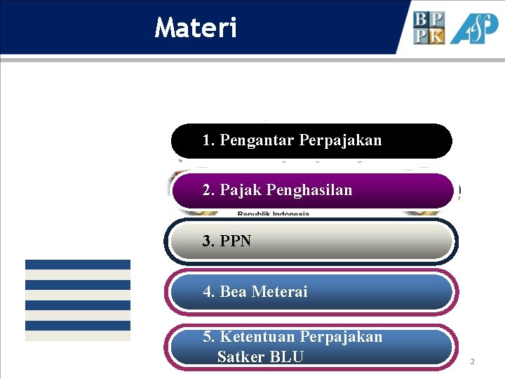 Materi 1. Pengantar Perpajakan 2. Pajak Penghasilan 3. PPN 4. Bea Meterai 5. Ketentuan