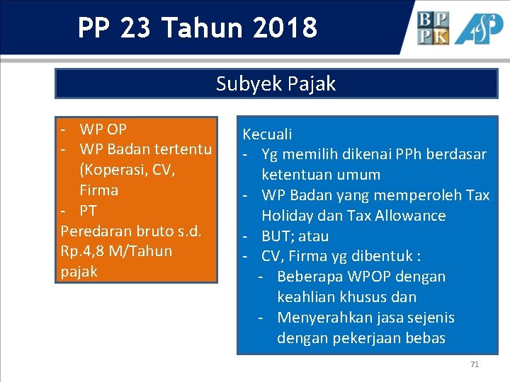 PP 23 Tahun 2018 Subyek Pajak - WP OP - WP Badan tertentu (Koperasi,