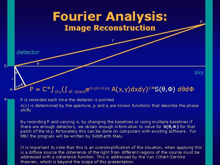 Fourier Analysis: P Image Reconstruction r detector θ 0 - sky θ x dx