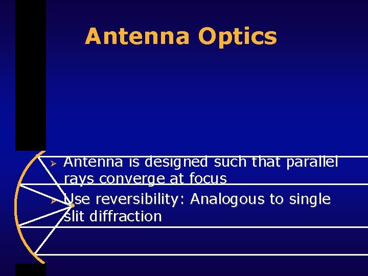 Antenna Optics Ø Ø Antenna is designed such that parallel rays converge at focus