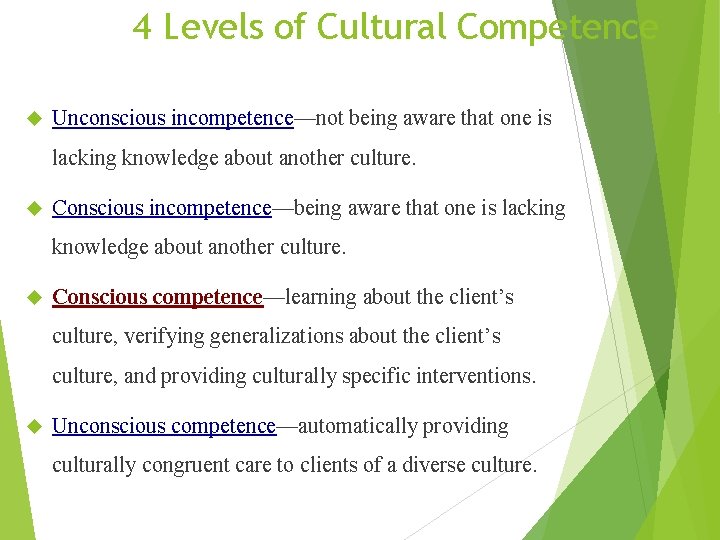 4 Levels of Cultural Competence Unconscious incompetence—not being aware that one is lacking knowledge