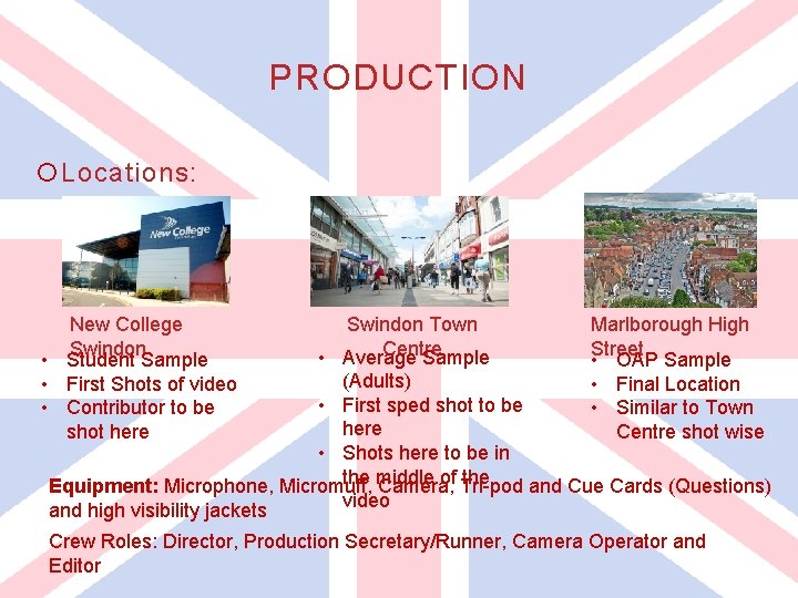 PRODUCTION Locations: New College Swindon • Student Sample • First Shots of video • PRODUCTION Locations: New College Swindon • Student Sample • First Shots of video •