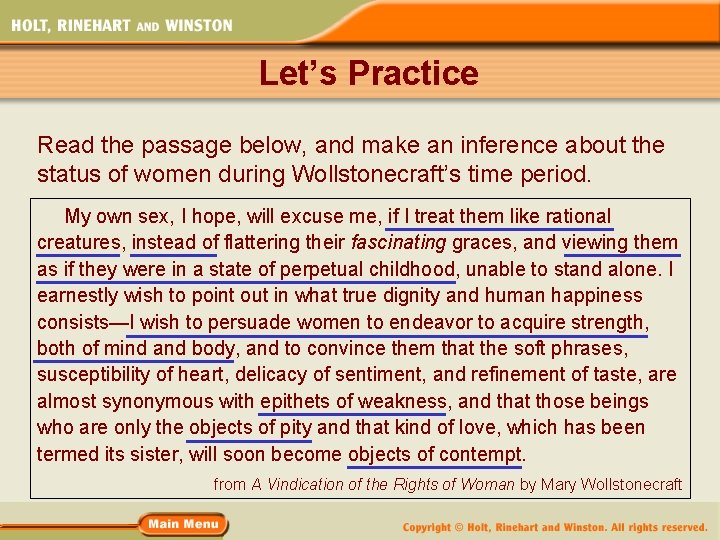 Let’s Practice Read the passage below, and make an inference about the status of Let’s Practice Read the passage below, and make an inference about the status of