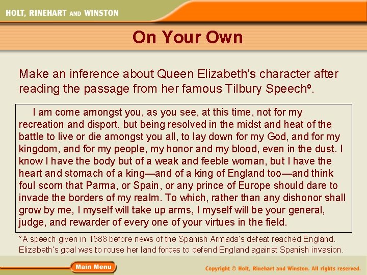 On Your Own Make an inference about Queen Elizabeth’s character after reading the passage On Your Own Make an inference about Queen Elizabeth’s character after reading the passage