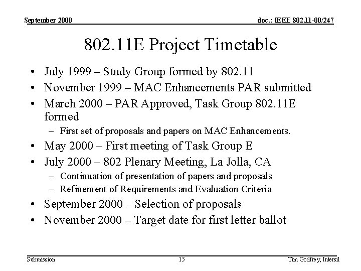 September 2000 doc. : IEEE 802. 11 -00/247 802. 11 E Project Timetable •