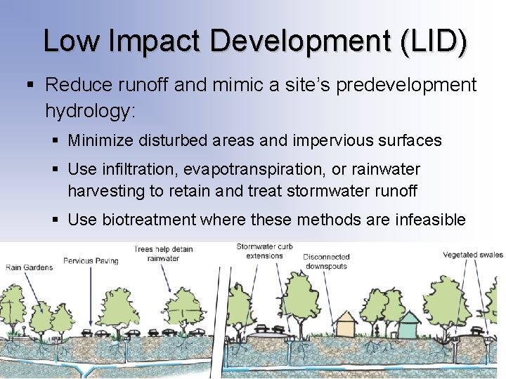 Low Impact Development (LID) § Reduce runoff and mimic a site’s predevelopment hydrology: § Low Impact Development (LID) § Reduce runoff and mimic a site’s predevelopment hydrology: §