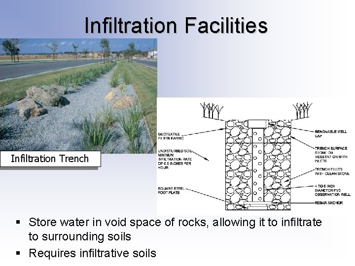Infiltration Facilities Infiltration Trench § Store water in void space of rocks, allowing it Infiltration Facilities Infiltration Trench § Store water in void space of rocks, allowing it
