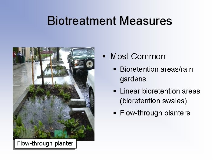 Biotreatment Measures § Most Common § Bioretention areas/rain gardens § Linear bioretention areas (bioretention Biotreatment Measures § Most Common § Bioretention areas/rain gardens § Linear bioretention areas (bioretention