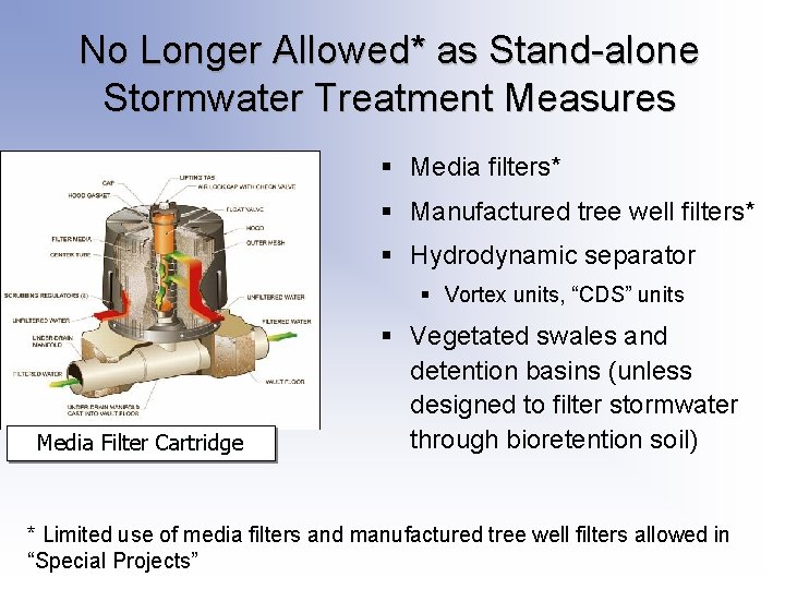 No Longer Allowed* as Stand-alone Stormwater Treatment Measures § Media filters* § Manufactured tree No Longer Allowed* as Stand-alone Stormwater Treatment Measures § Media filters* § Manufactured tree