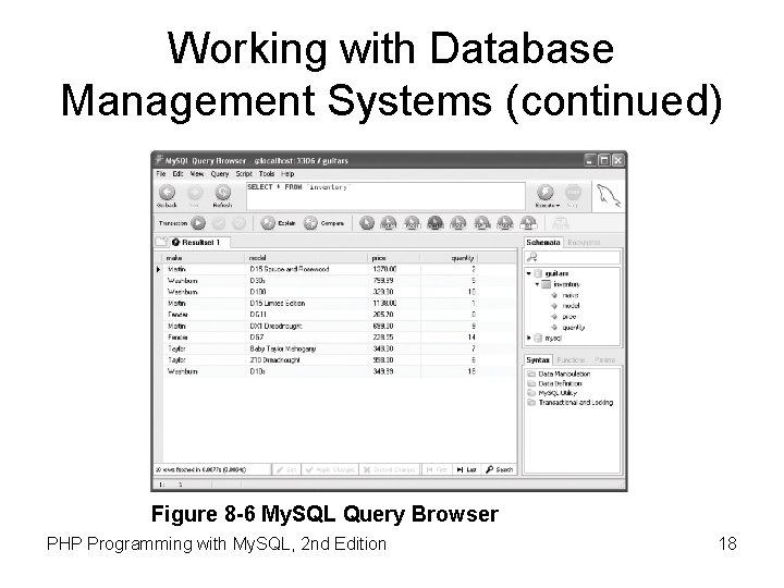 Working with Database Management Systems (continued) Figure 8 -6 My. SQL Query Browser PHP
