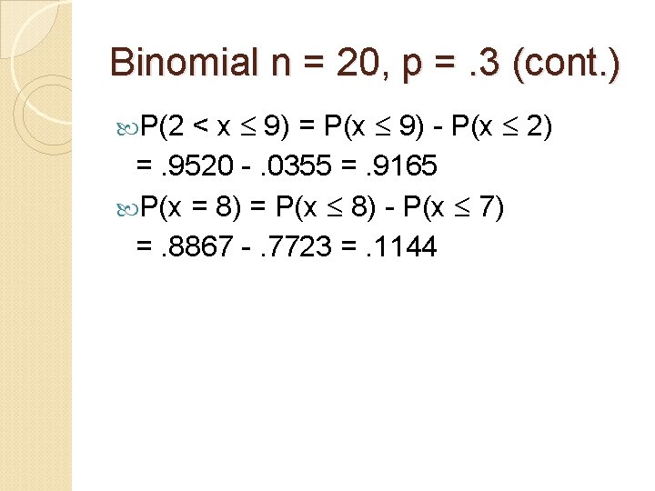 Binomial n = 20, p =. 3 (cont. ) < x 9) = P(x