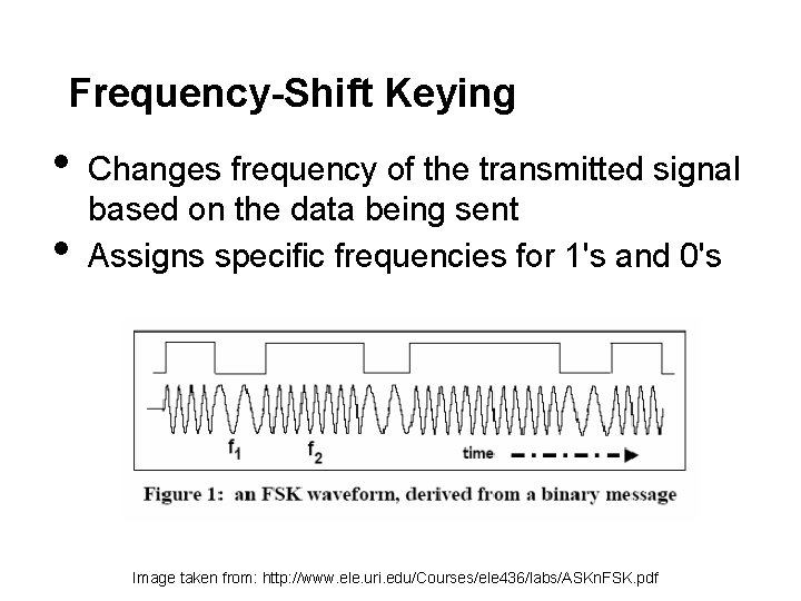 Frequency-Shift Keying • • Changes frequency of the transmitted signal based on the data