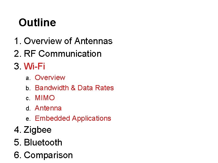 Outline 1. Overview of Antennas 2. RF Communication 3. Wi-Fi a. b. c. d.