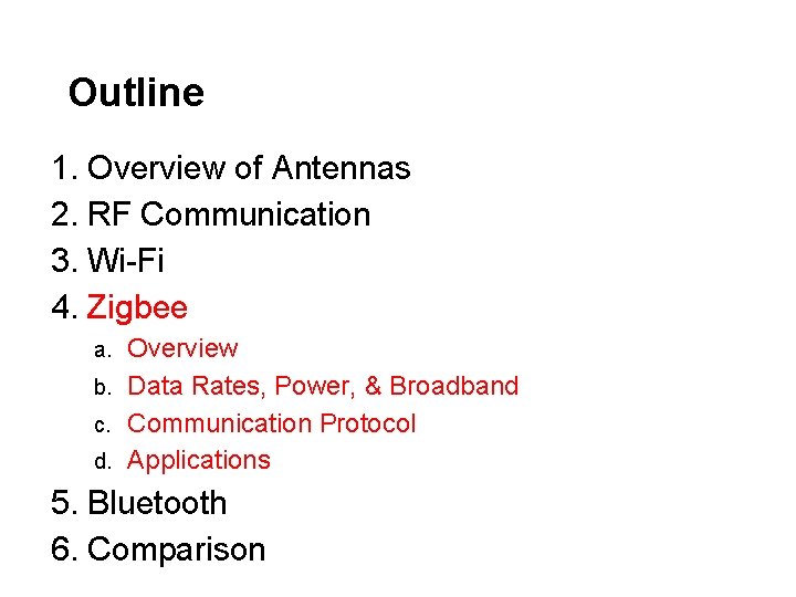 Outline 1. Overview of Antennas 2. RF Communication 3. Wi-Fi 4. Zigbee Overview b.