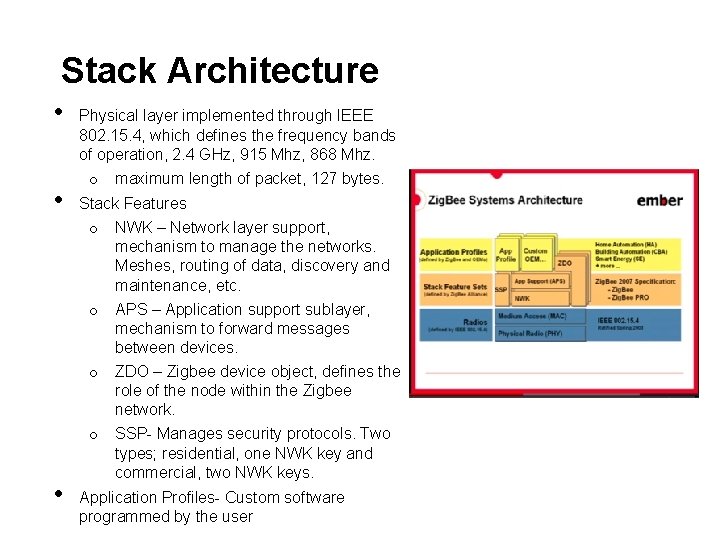 Stack Architecture • • • Physical layer implemented through IEEE 802. 15. 4, which