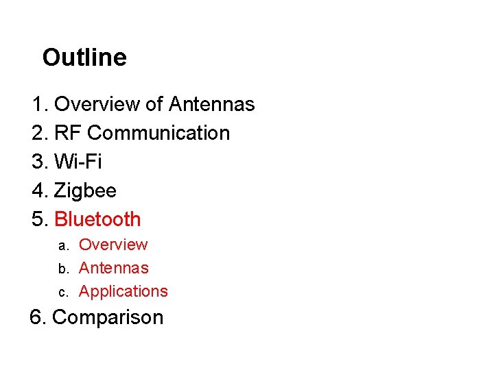 Outline 1. Overview of Antennas 2. RF Communication 3. Wi-Fi 4. Zigbee 5. Bluetooth