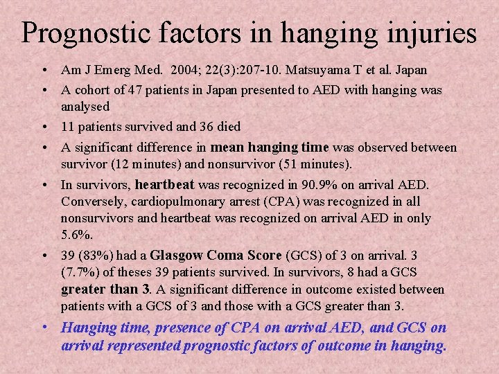 Prognostic factors in hanging injuries • Am J Emerg Med. 2004; 22(3): 207 -10.