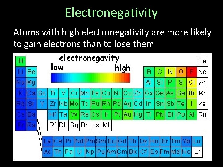 Electronegativity Atoms with high electronegativity are more likely to gain electrons than to lose