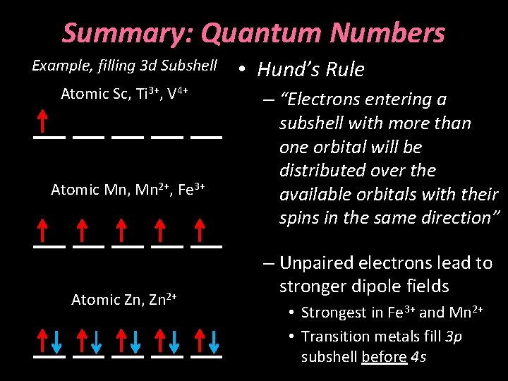 Summary: Quantum Numbers Example, filling 3 d Subshell Atomic Sc, Ti 3+, V 4+