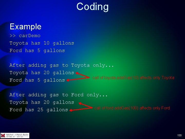 Coding Example >> car. Demo Toyota has 10 gallons Ford has 5 gallons After