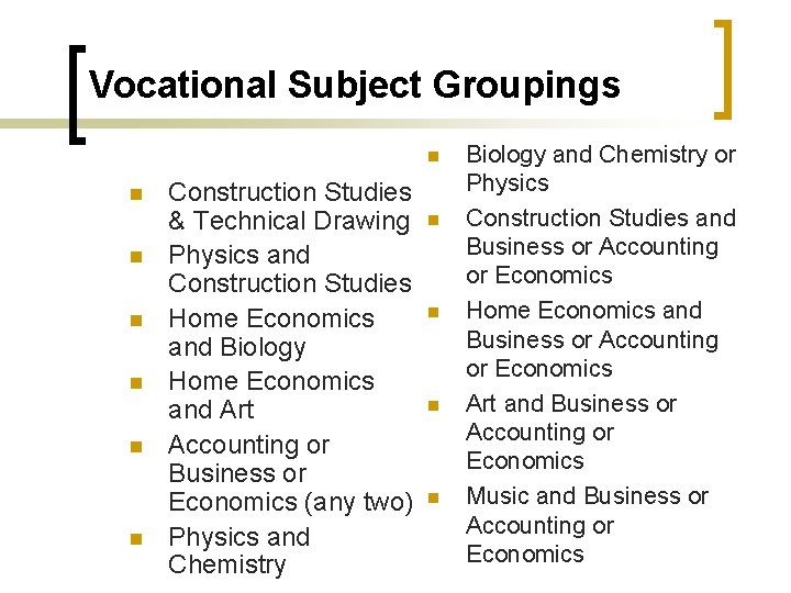 Vocational Subject Groupings n n n n Construction Studies & Technical Drawing Physics and