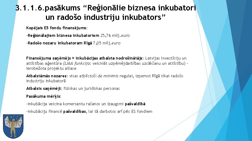 3. 1. 1. 6. pasākums “Reģionālie biznesa inkubatori un radošo industriju inkubators” Kopējais ES