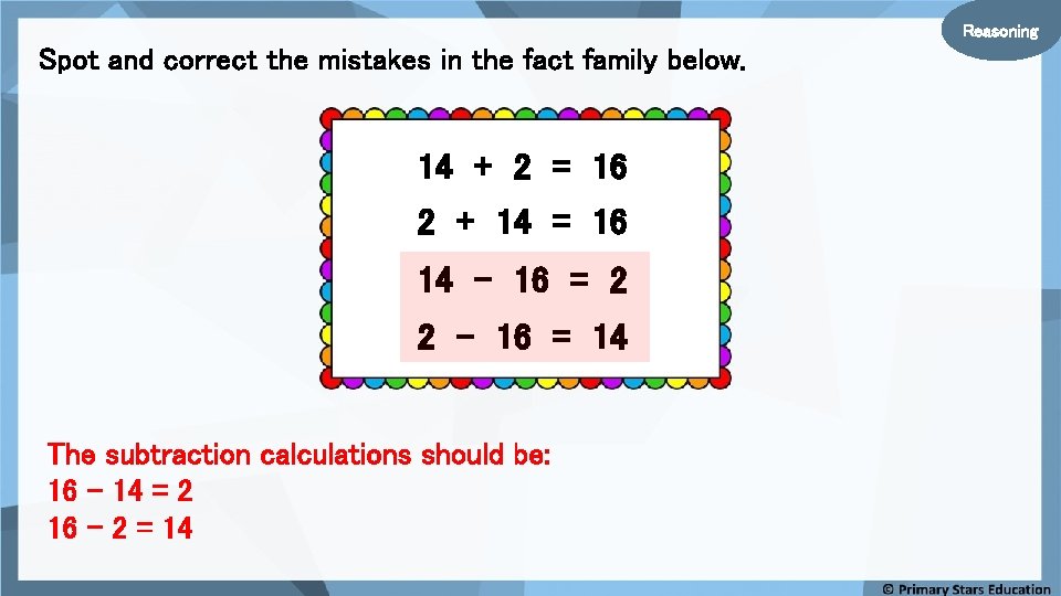 Reasoning Spot and correct the mistakes in the fact family below. 14 + 2