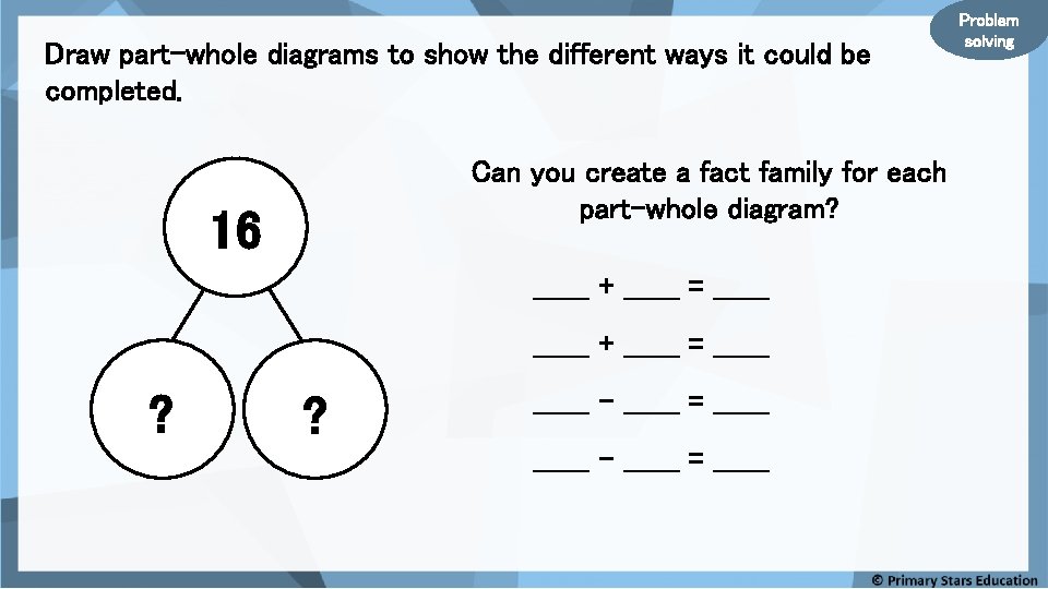 Draw part-whole diagrams to show the different ways it could be completed. Can you