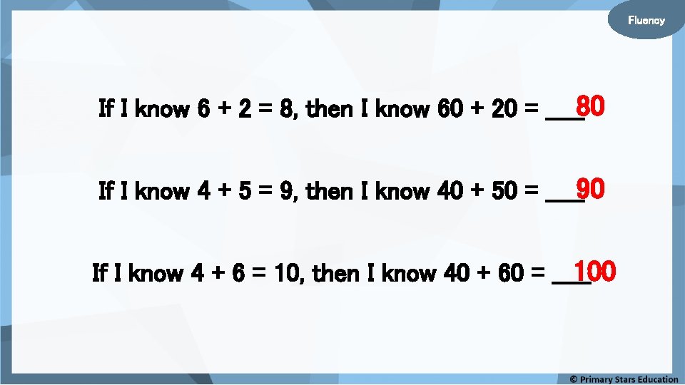 Fluency If I know 6 + 2 = 8, then I know 60 +