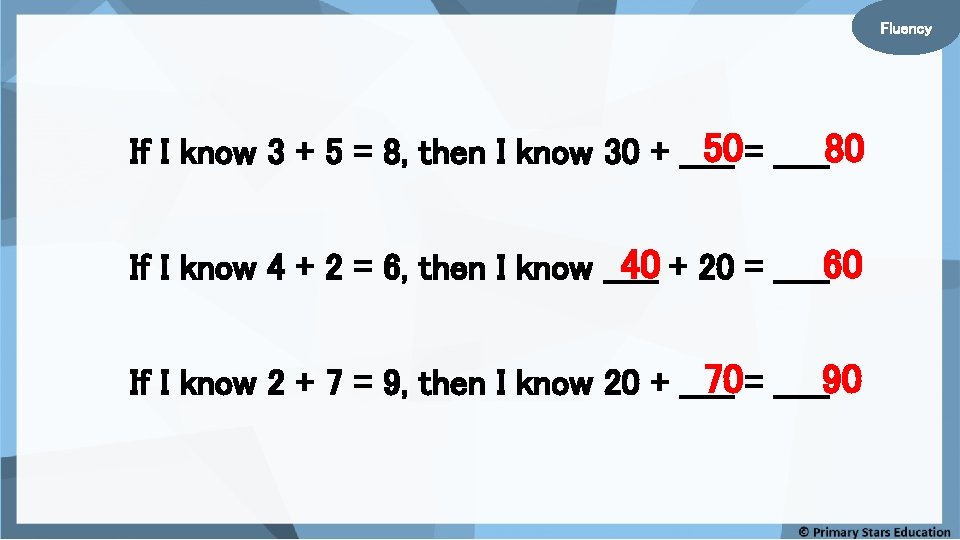 Fluency 50 = _____80 If I know 3 + 5 = 8, then I