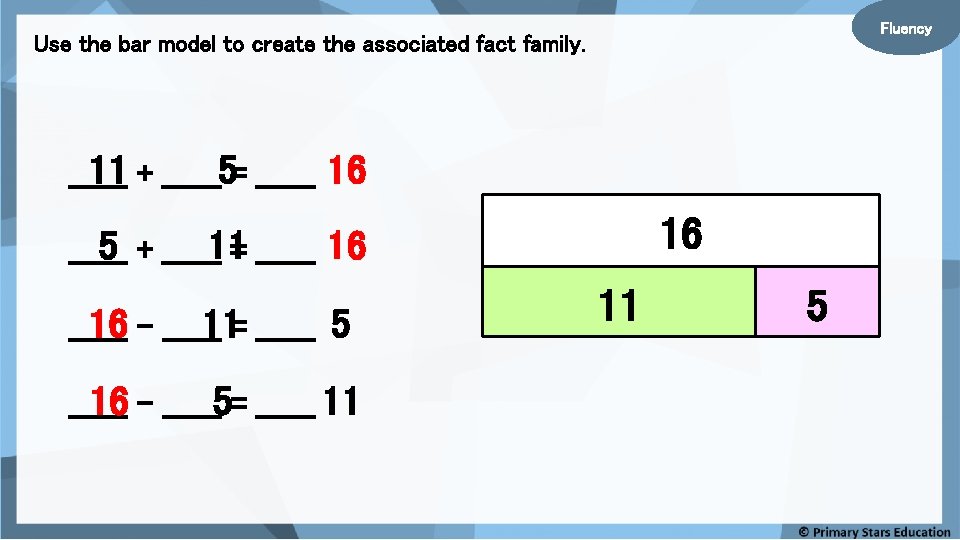 Fluency Use the bar model to create the associated fact family. 11 + ______5=