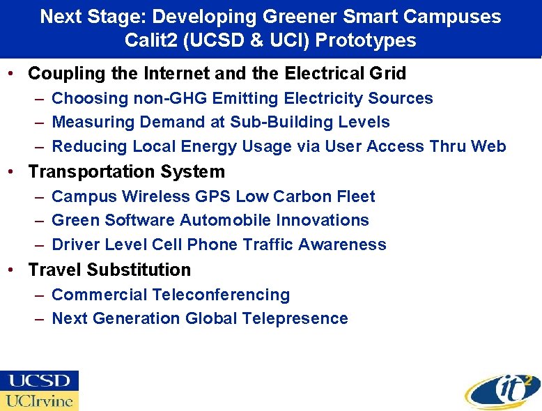 Next Stage: Developing Greener Smart Campuses Calit 2 (UCSD & UCI) Prototypes • Coupling