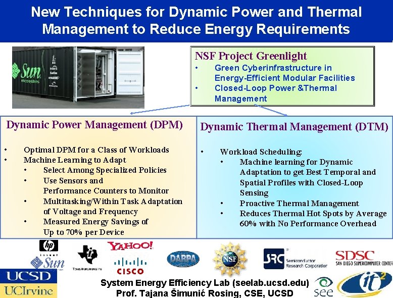 New Techniques for Dynamic Power and Thermal Management to Reduce Energy Requirements NSF Project