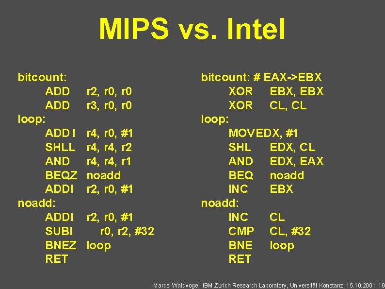 MIPS vs. Intel bitcount: ADD loop: ADD I SHLL AND BEQZ ADDI noadd: ADDI