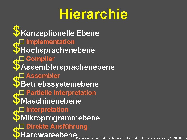 Hierarchie $Konzeptionelle Ebene � Implementation $Hochsprachenebene � Compiler $Assemblersprachenebene � Assembler $Betriebssystemebene � Partielle