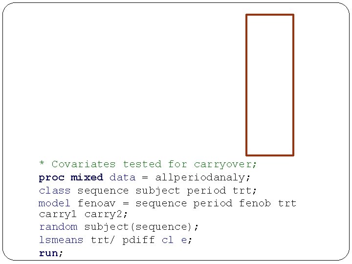 * Covariates tested for carryover; proc mixed data = allperiodanaly; class sequence subject period