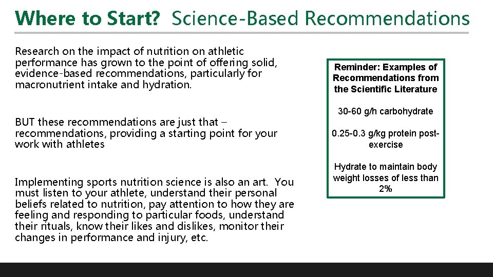 Where to Start? Science-Based Recommendations Research on the impact of nutrition on athletic performance