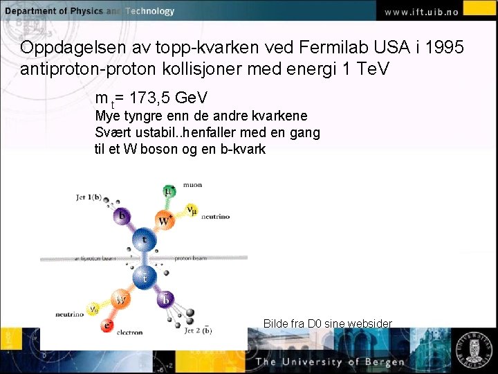 Oppdagelsen av topp-kvarken ved Fermilab USA i 1995 antiproton-proton kollisjoner med energi 1 Te.