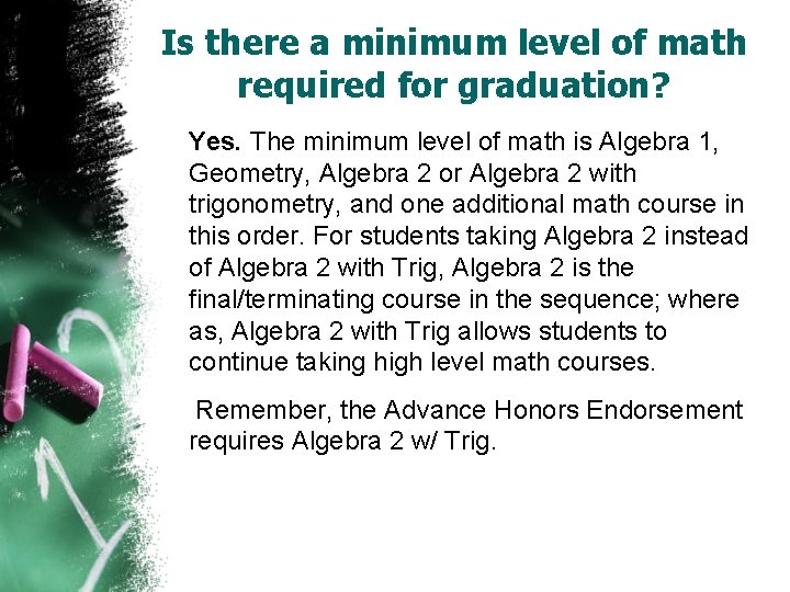 Is there a minimum level of math required for graduation? Yes. The minimum level