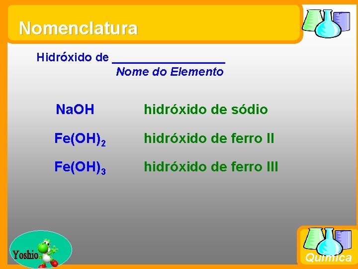 Nomenclatura Hidróxido de _________ Nome do Elemento Na. OH hidróxido de sódio Fe(OH)2 hidróxido