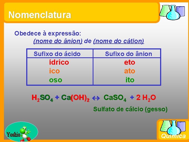 Nomenclatura Obedece à expressão: (nome do ânion) de (nome do cátion) Sufixo do ácido