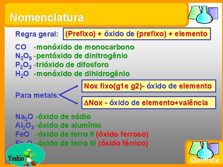 Nomenclatura Regra geral: (Prefixo) + óxido de (prefixo) + elemento CO -monóxido de monocarbono