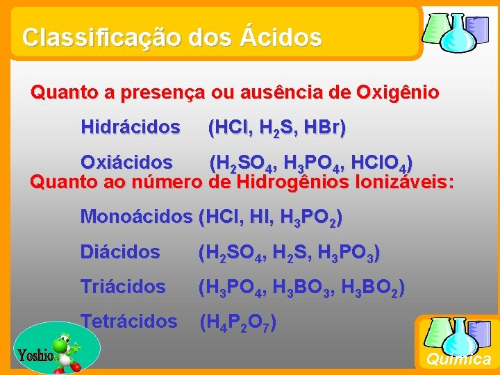 Classificação dos Ácidos Quanto a presença ou ausência de Oxigênio Hidrácidos (HCl, H 2