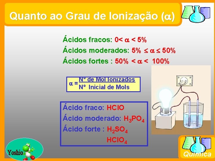 Quanto ao Grau de Ionização (a) Ácidos fracos: 0< a < 5% Ácidos moderados: