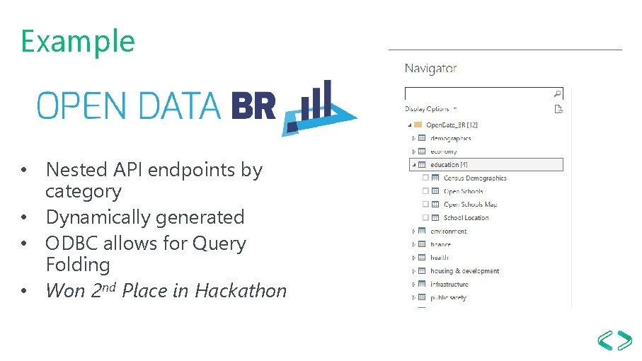 Example • Nested API endpoints by category • Dynamically generated • ODBC allows for