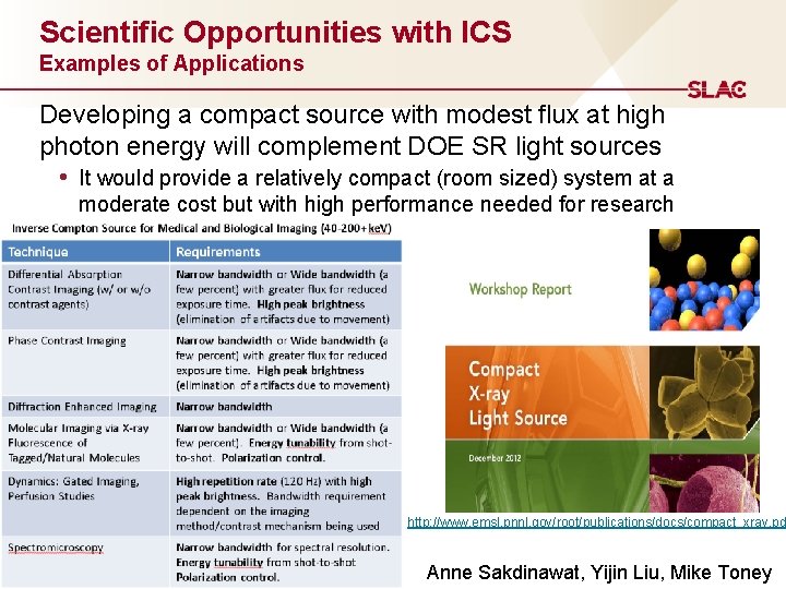 Scientific Opportunities with ICS Examples of Applications Developing a compact source with modest flux