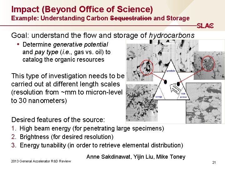 Impact (Beyond Office of Science) Example: Understanding Carbon Sequestration and Storage Goal: understand the
