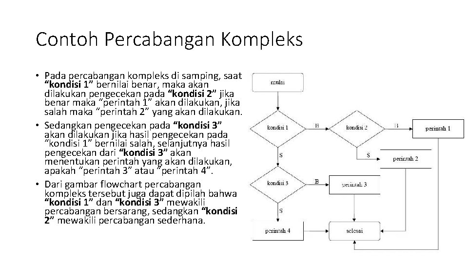 Contoh Percabangan Kompleks • Pada percabangan kompleks di samping, saat “kondisi 1” bernilai benar,