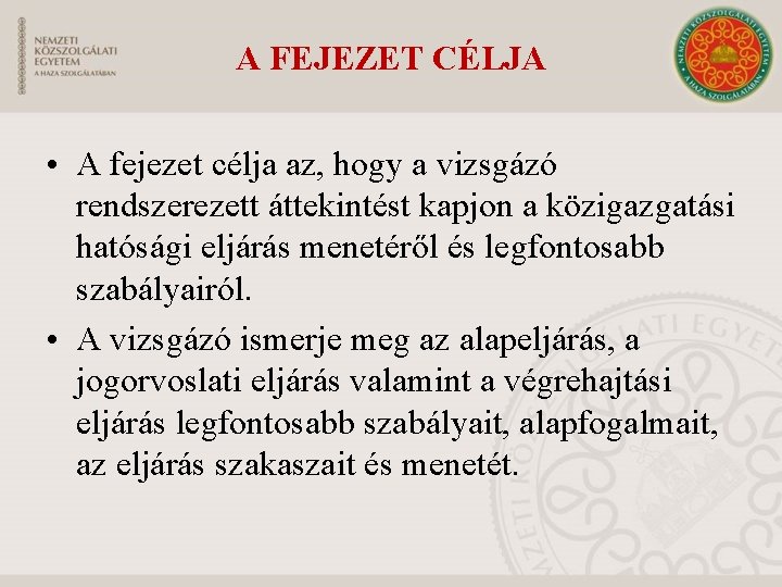 A FEJEZET CÉLJA • A fejezet célja az, hogy a vizsgázó rendszerezett áttekintést kapjon