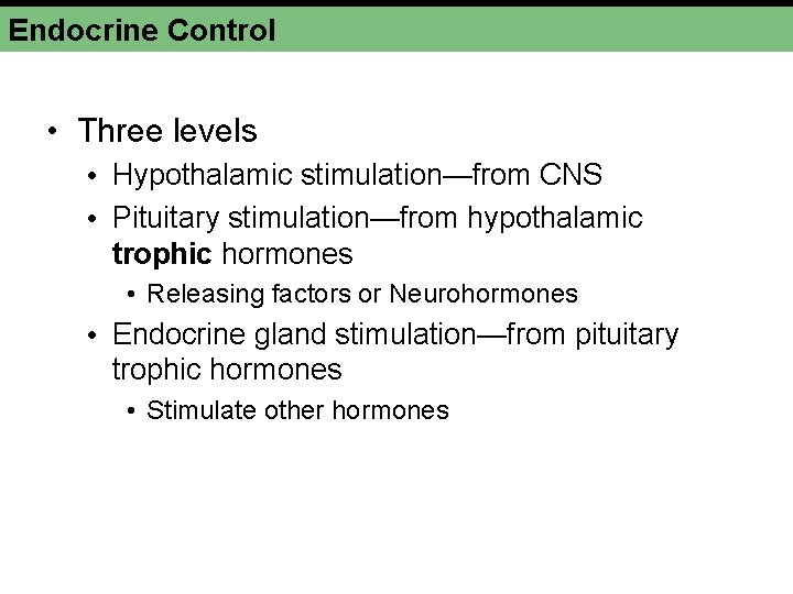 Endocrine Control • Three levels • Hypothalamic stimulation—from CNS • Pituitary stimulation—from hypothalamic trophic